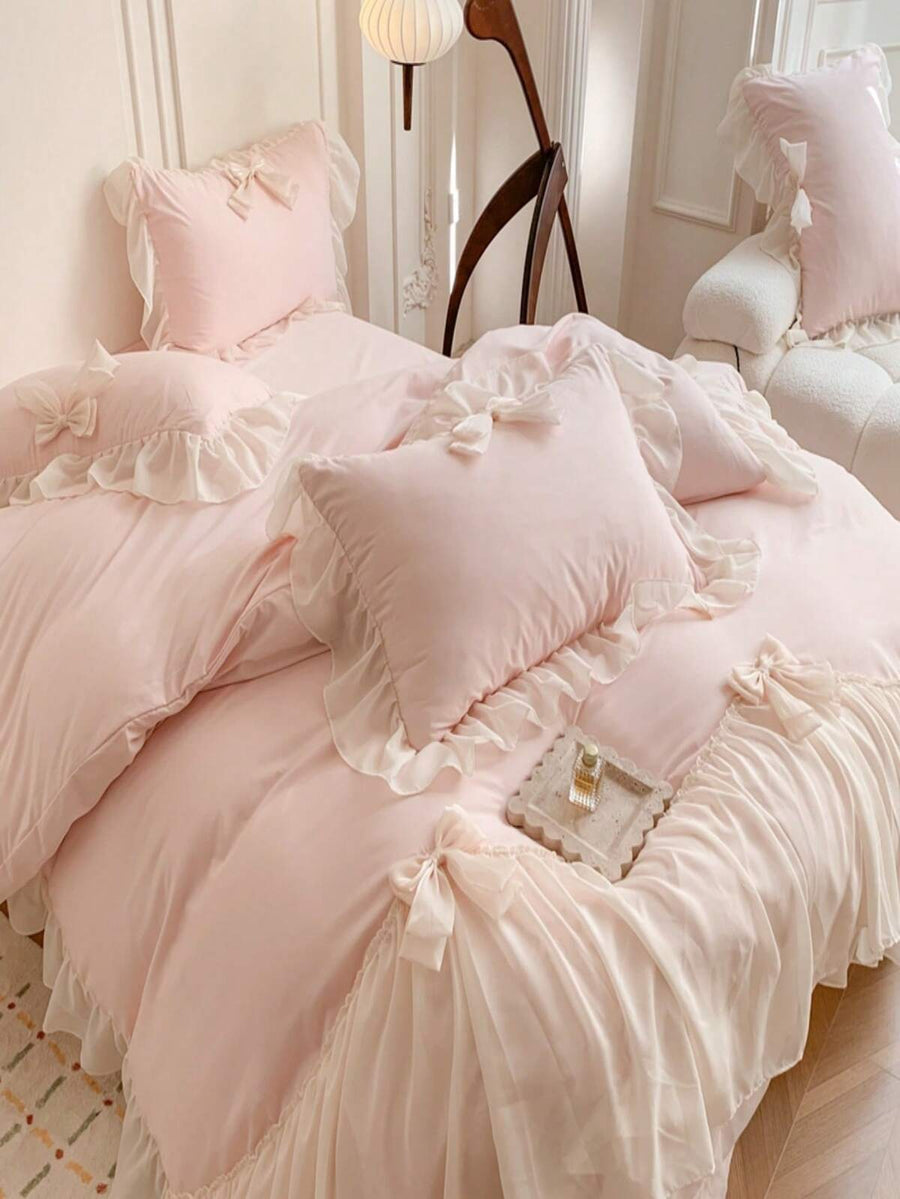 3pcs Princess Style Lace Bedding Set, White With Bow Decor Duvet Cover And Pillow Cases