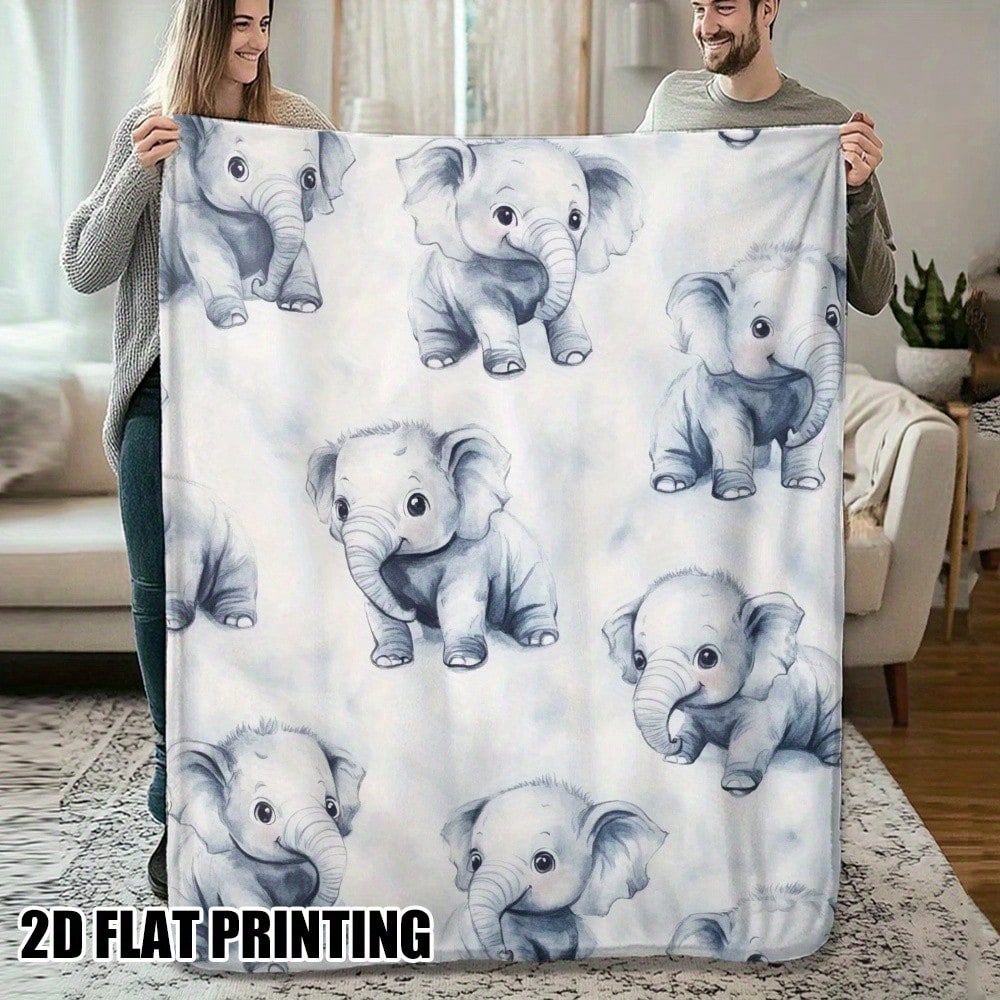 1pc Ultra-Soft Flannel Baby Elephant Throw Blanket - Grey & White Decor With Trunk & Ears Design, All-Season Cozy Bedspread For Bed, Sofa, Chair - Perfect Gift For & Room, Playful Style With Adorable Elephant Pattern In Soft Flannel Fabric, Ideal For