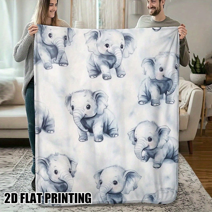 1pc Ultra-Soft Flannel Baby Elephant Throw Blanket - Grey & White Decor With Trunk & Ears Design, All-Season Cozy Bedspread For Bed, Sofa, Chair - Perfect Gift For & Room, Playful Style With Adorable Elephant Pattern In Soft Flannel Fabric, Ideal For