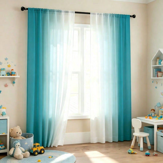 2pcs Modern Ombre Print Sheer Curtains, Lake Blue To White, Translucent Polyester Material, Suitable For Living Room, Bedroom, Kitchen - Rod Pocket Design, UV Protection, Machine Washable