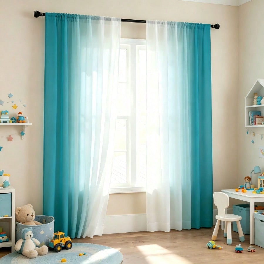 2pcs Modern Ombre Print Sheer Curtains, Lake Blue To White, Translucent Polyester Material, Suitable For Living Room, Bedroom, Kitchen - Rod Pocket Design, UV Protection, Machine Washable
