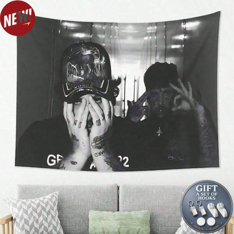 Suicide Boyz Design " Lil P1ep Uicid1boy Night "Music Tapestry Edgy Tattoo Peace Sign Art Wall Hanging Black White Polyester Fabric Decor For Bedroom Living Room Office No Electricity Needed Horizontal Wall Art Minimalist Wall Art Bedroom Accent Cont