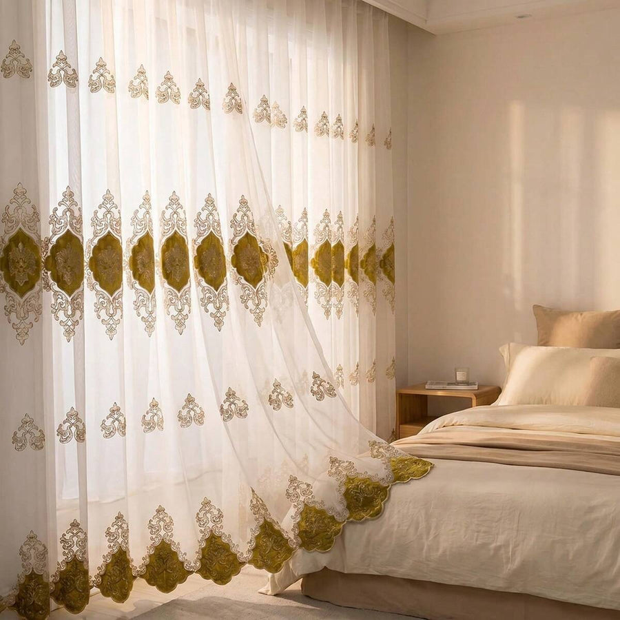 2pcs European Style Luxury Golden Woven Velvet Embroidered Translucent Curtains